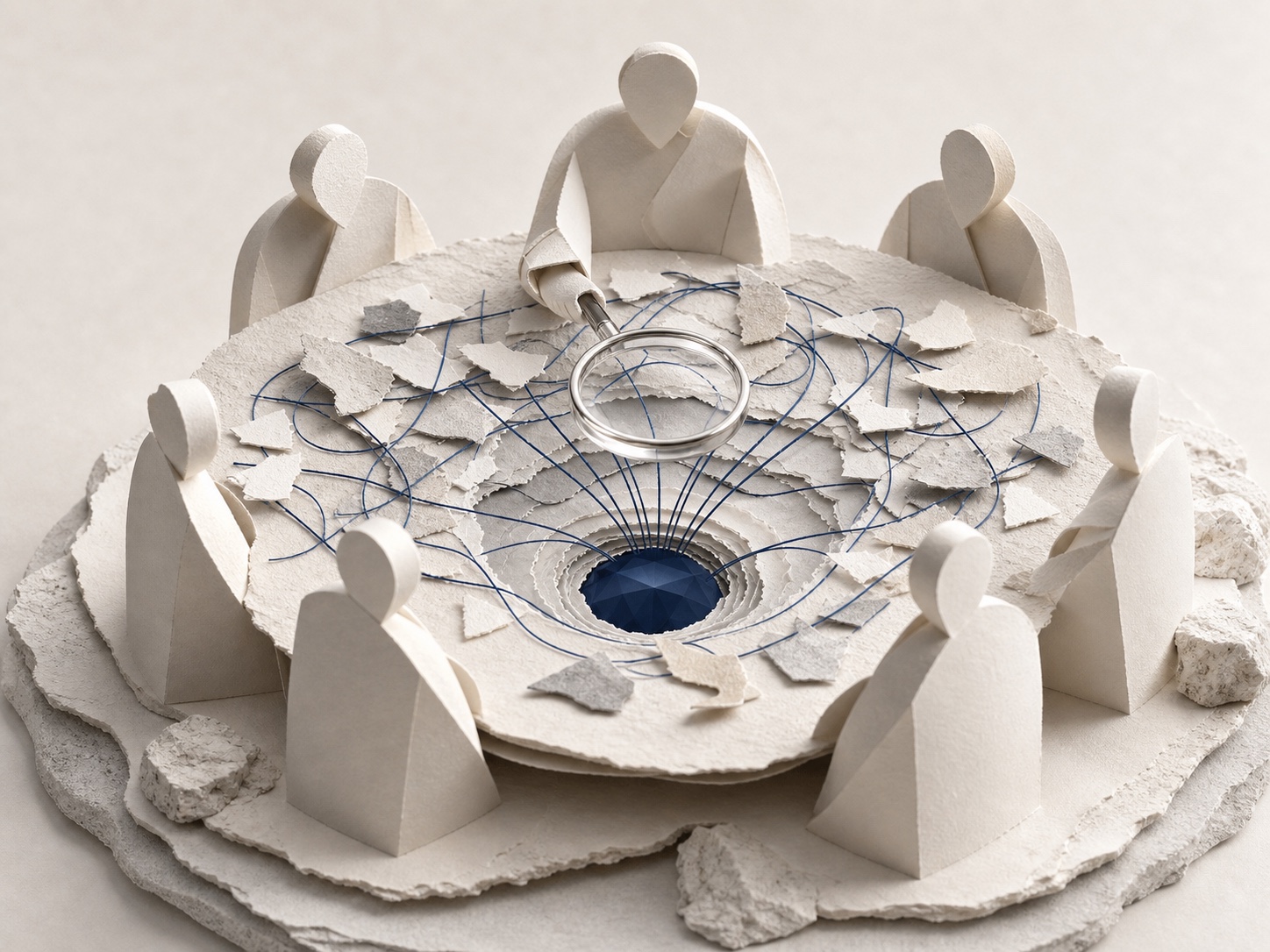 A facilitator uses a lens as many scattered threads converge on one deep navy core, symbolizing discovery of the essential problem