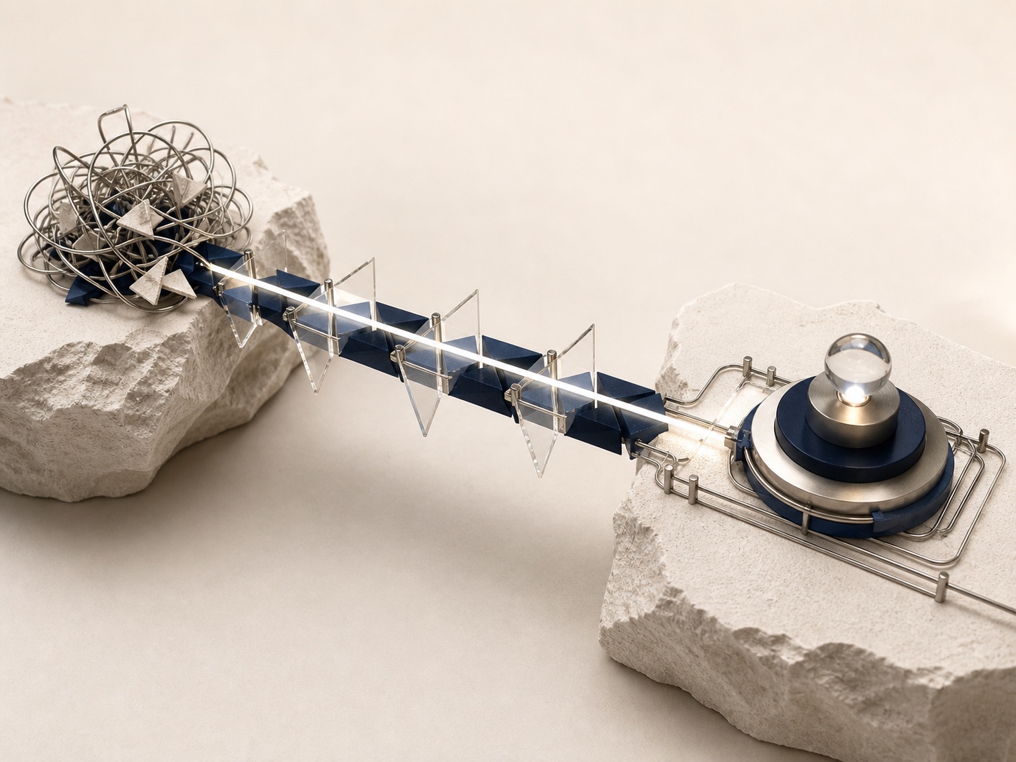 A precise modular bridge carries light from a tangled problem to a stable working mechanism, symbolizing a technology-driven solution